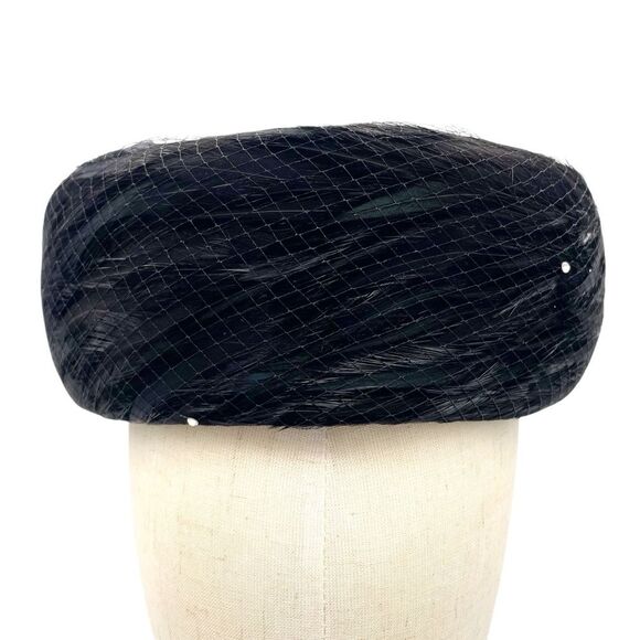 Vintage 1950s Coralie Feathered Pillbox Hat Black Velour with Veil & Rhinestones - Picture 4 of 15